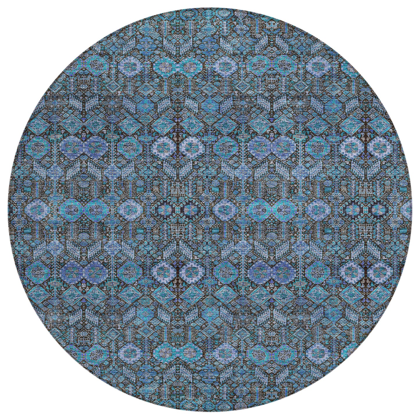 8' X 8' Teal Round Tribal Washable Indoor Outdoor Area Rug