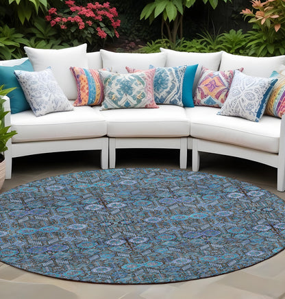 8' X 8' Teal Round Tribal Washable Indoor Outdoor Area Rug