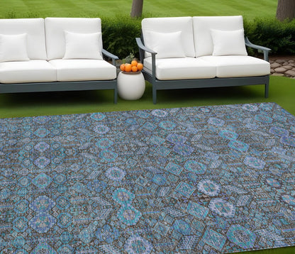 8' X 10' Teal Tribal Washable Indoor Outdoor Area Rug