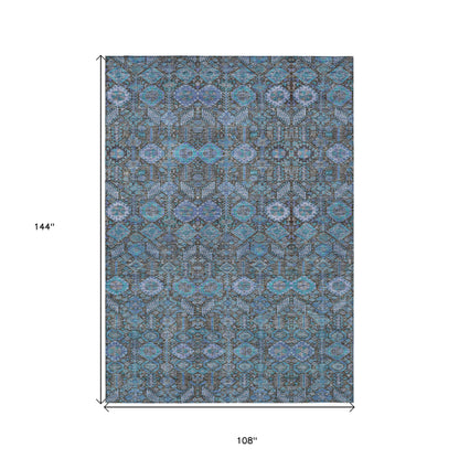 9' X 12' Blue and Coffee Floral Washable Non Skid Indoor Outdoor Area Rug