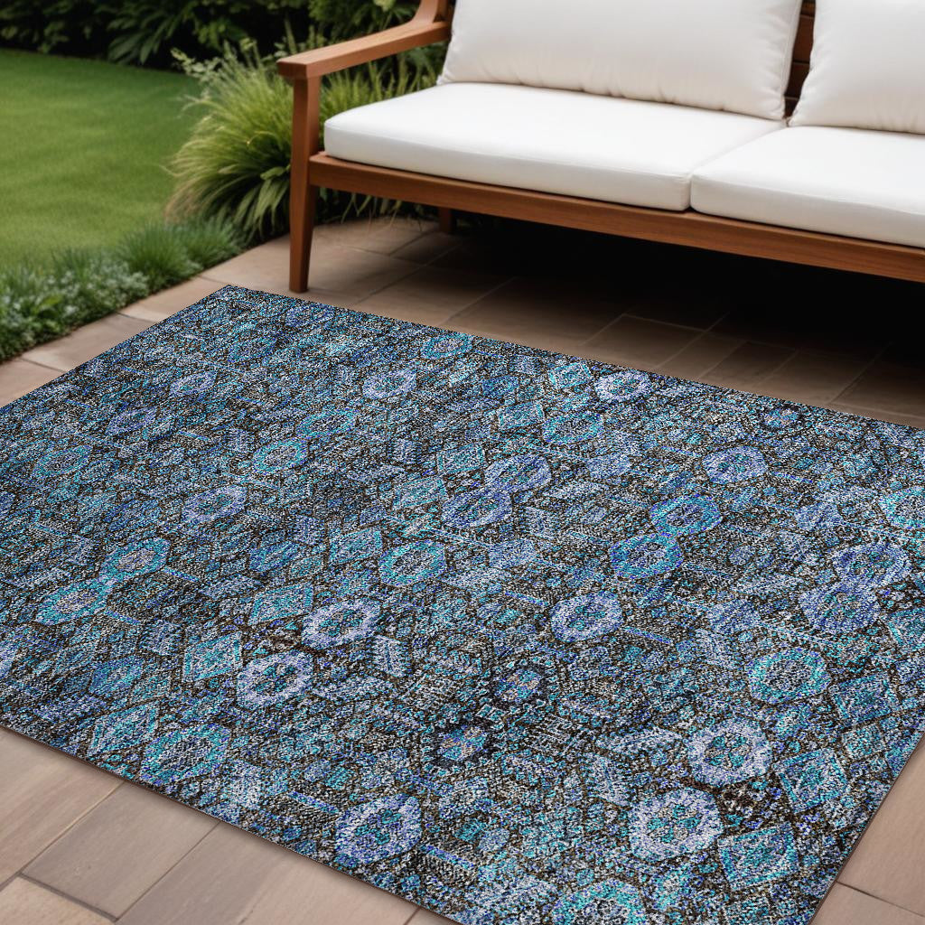 9' X 12' Blue and Coffee Floral Washable Non Skid Indoor Outdoor Area Rug