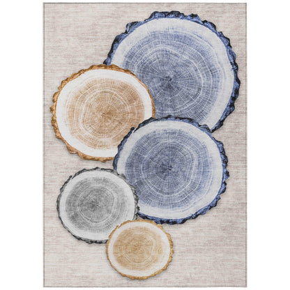 9' X 12' Beige Blue and Gold Faux Bois Washable Non Skid Indoor Outdoor Area Rug