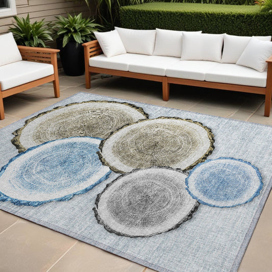 8' X 10' Blue Gold and Gray Faux Bois Washable Non Skid Indoor Outdoor Area Rug