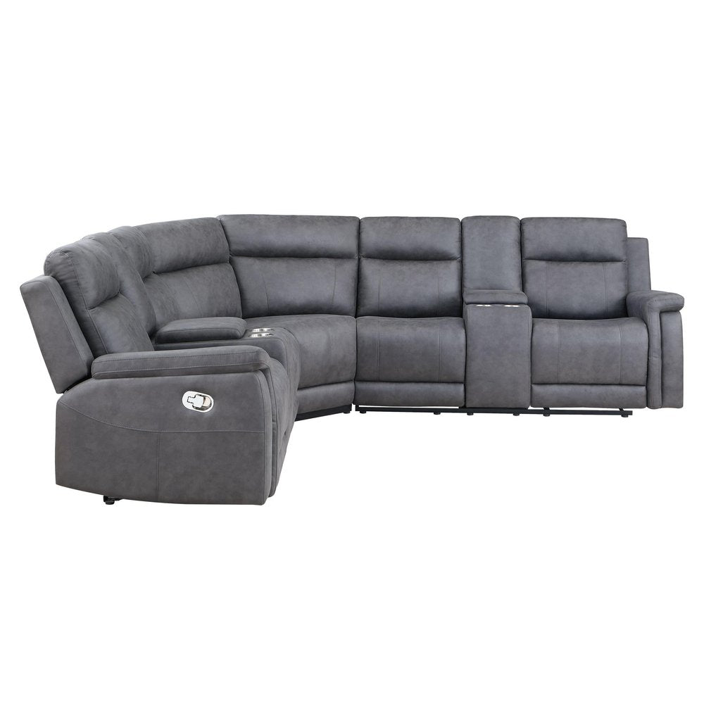 Gray Faux Leather Reclining Curved Corner Sectional With Console HomeRoots
