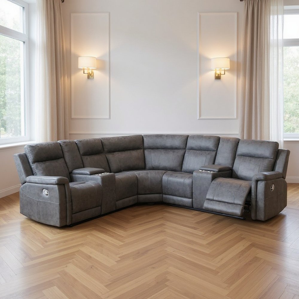 Gray Faux Leather Reclining Curved Corner Sectional With Console HomeRoots