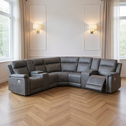 Gray Faux Leather Reclining Curved Corner Sectional With Console HomeRoots