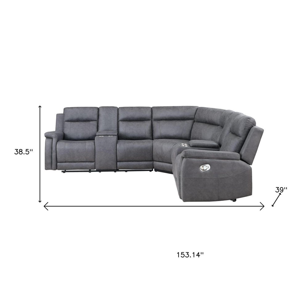 Gray Faux Leather Reclining Curved Corner Sectional With Console HomeRoots