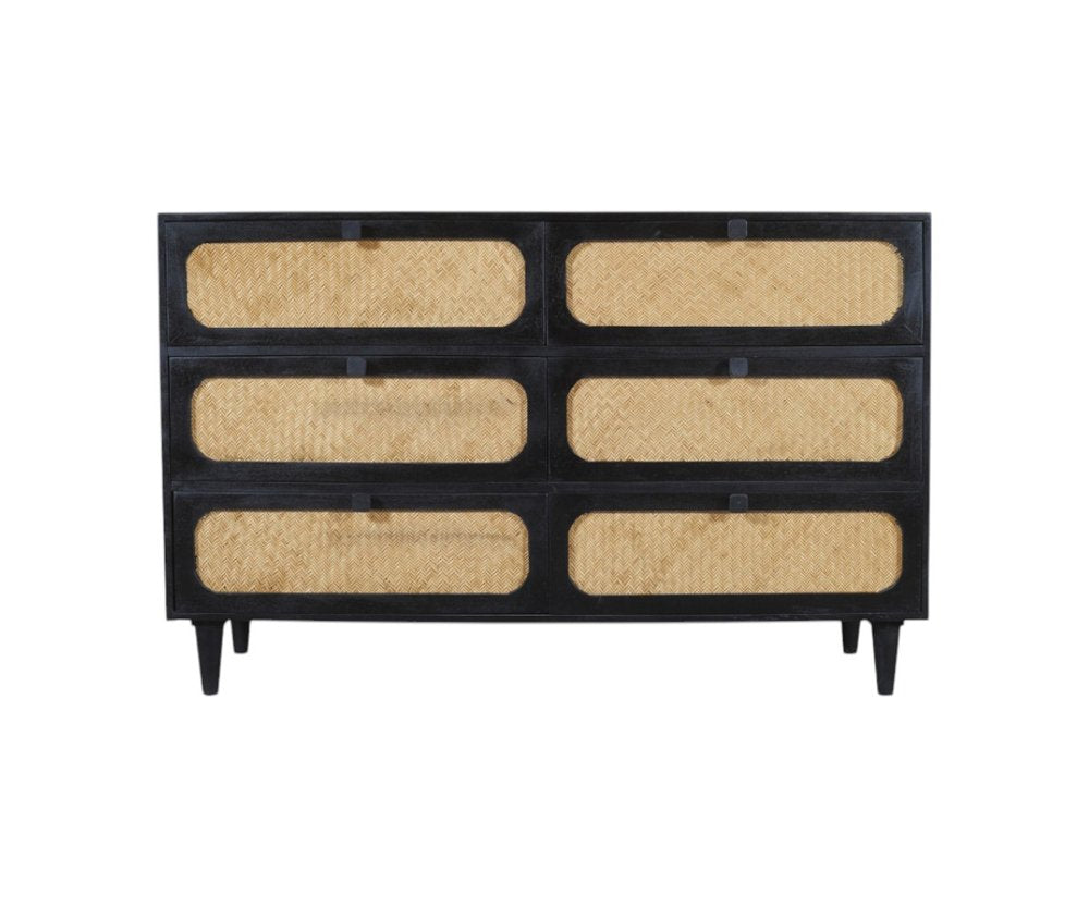 56" Black And Natural Solid Wood And Rattan Six Drawer Double Dresser HomeRoots