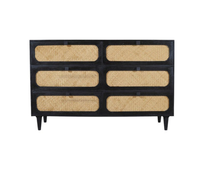 56" Black And Natural Solid Wood And Rattan Six Drawer Double Dresser HomeRoots