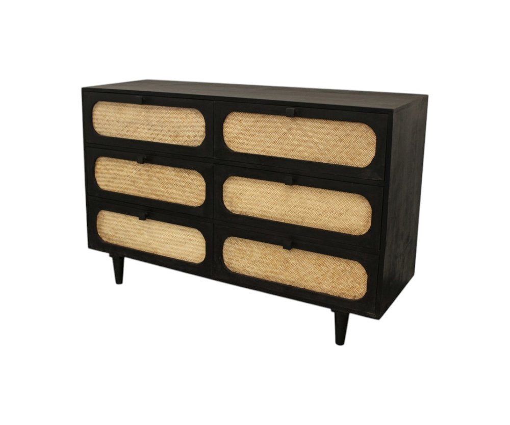 56" Black And Natural Solid Wood And Rattan Six Drawer Double Dresser HomeRoots