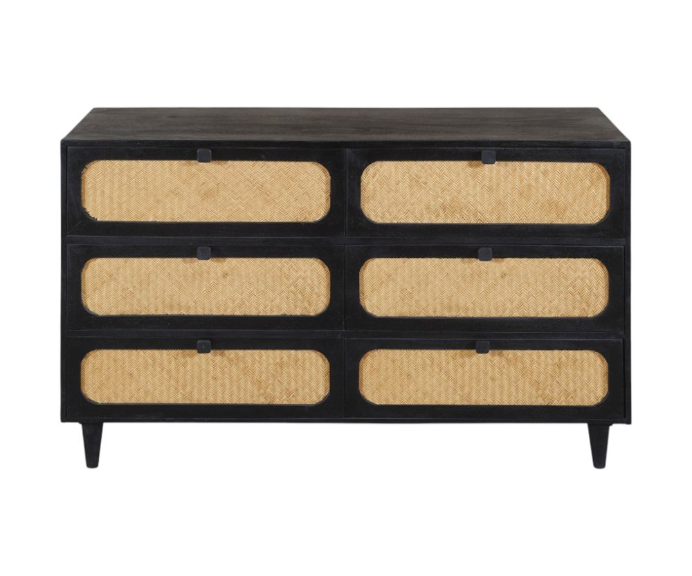 56" Black And Natural Solid Wood And Rattan Six Drawer Double Dresser HomeRoots