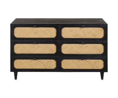 56" Black And Natural Solid Wood And Rattan Six Drawer Double Dresser HomeRoots