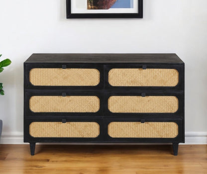 56" Black And Natural Solid Wood And Rattan Six Drawer Double Dresser HomeRoots
