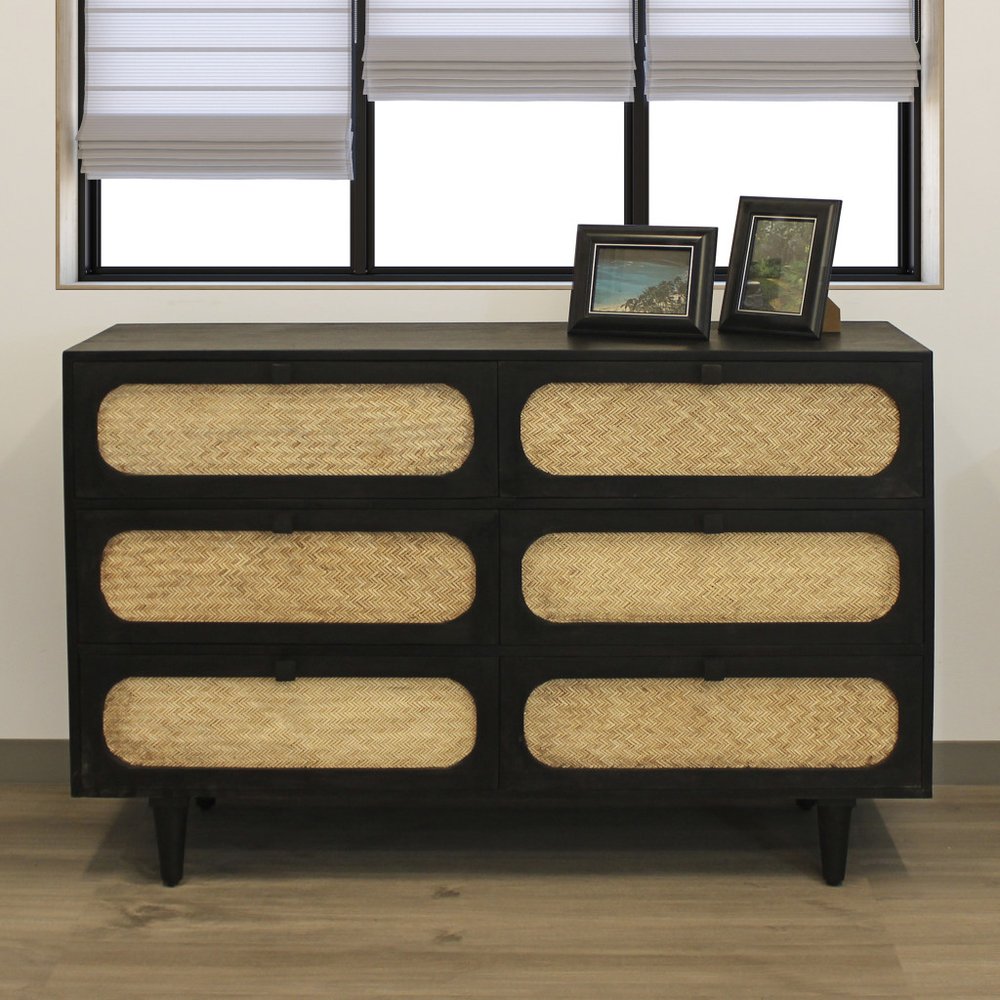 56" Black And Natural Solid Wood And Rattan Six Drawer Double Dresser HomeRoots