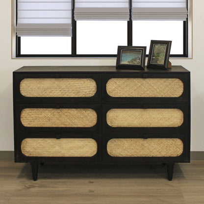 56" Black And Natural Solid Wood And Rattan Six Drawer Double Dresser HomeRoots
