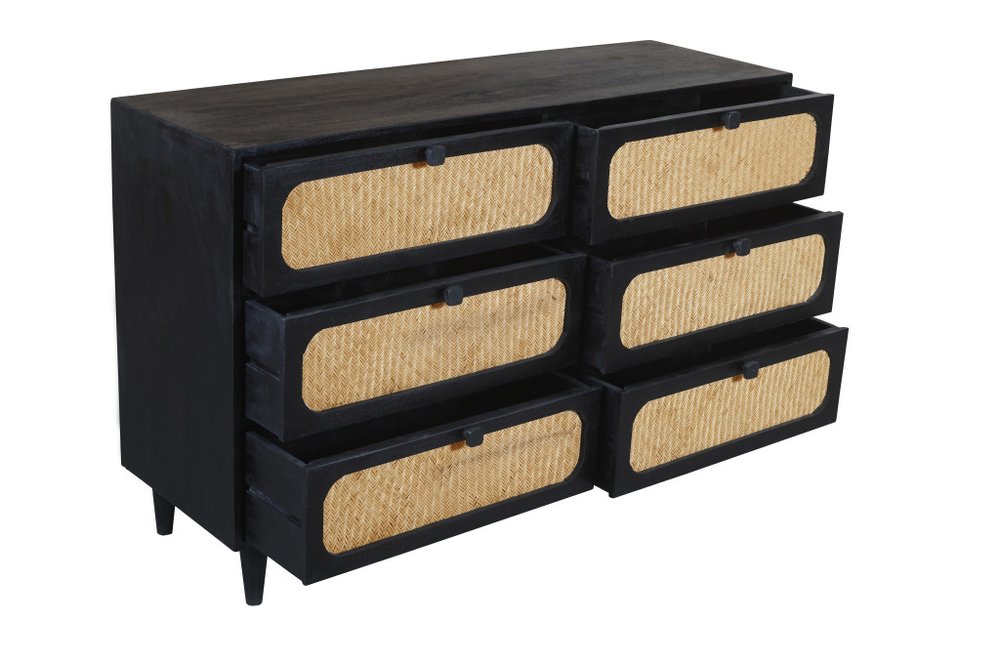 56" Black And Natural Solid Wood And Rattan Six Drawer Double Dresser — view 2
