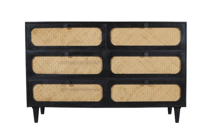 56" Black And Natural Solid Wood And Rattan Six Drawer Double Dresser HomeRoots