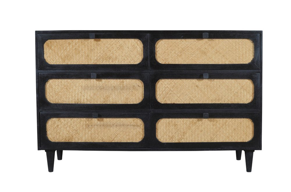 56" Black And Natural Solid Wood And Rattan Six Drawer Double Dresser HomeRoots