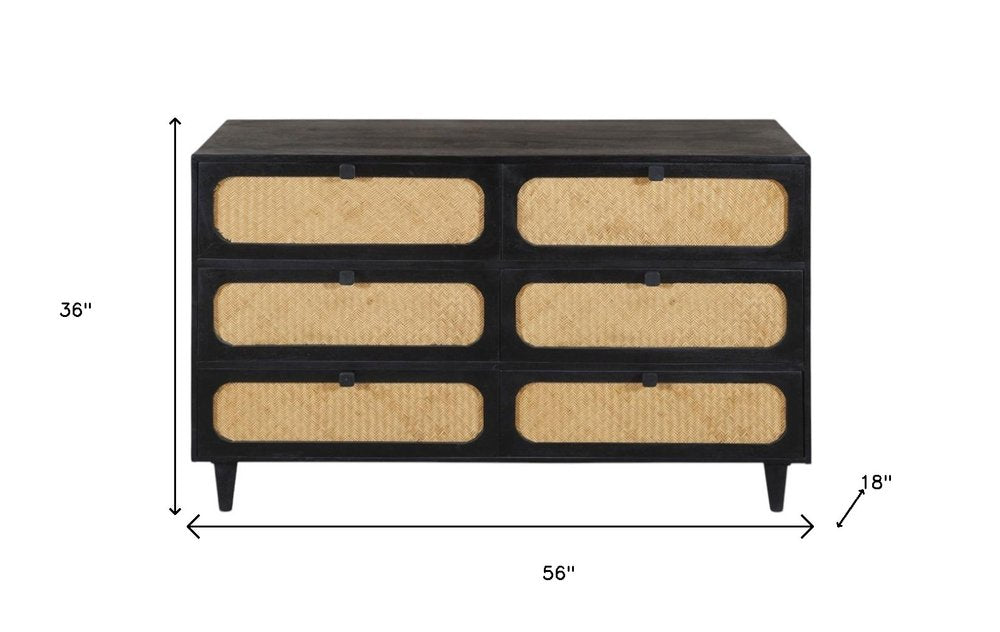 56" Black And Natural Solid Wood And Rattan Six Drawer Double Dresser HomeRoots