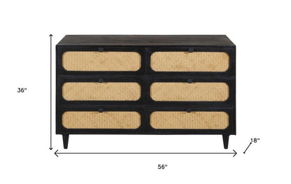 56" Black And Natural Solid Wood And Rattan Six Drawer Double Dresser HomeRoots