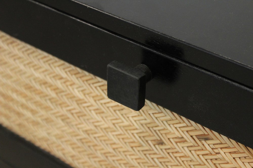 56" Black And Natural Solid Wood And Rattan Six Drawer Double Dresser HomeRoots