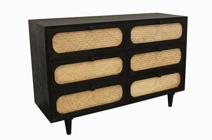 56" Black And Natural Solid Wood And Rattan Six Drawer Double Dresser HomeRoots