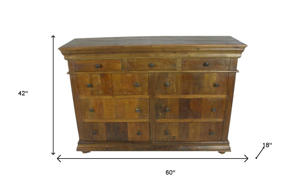 60" Brown Reclaimed Wood Nine Drawer Double Dresser HomeRoots