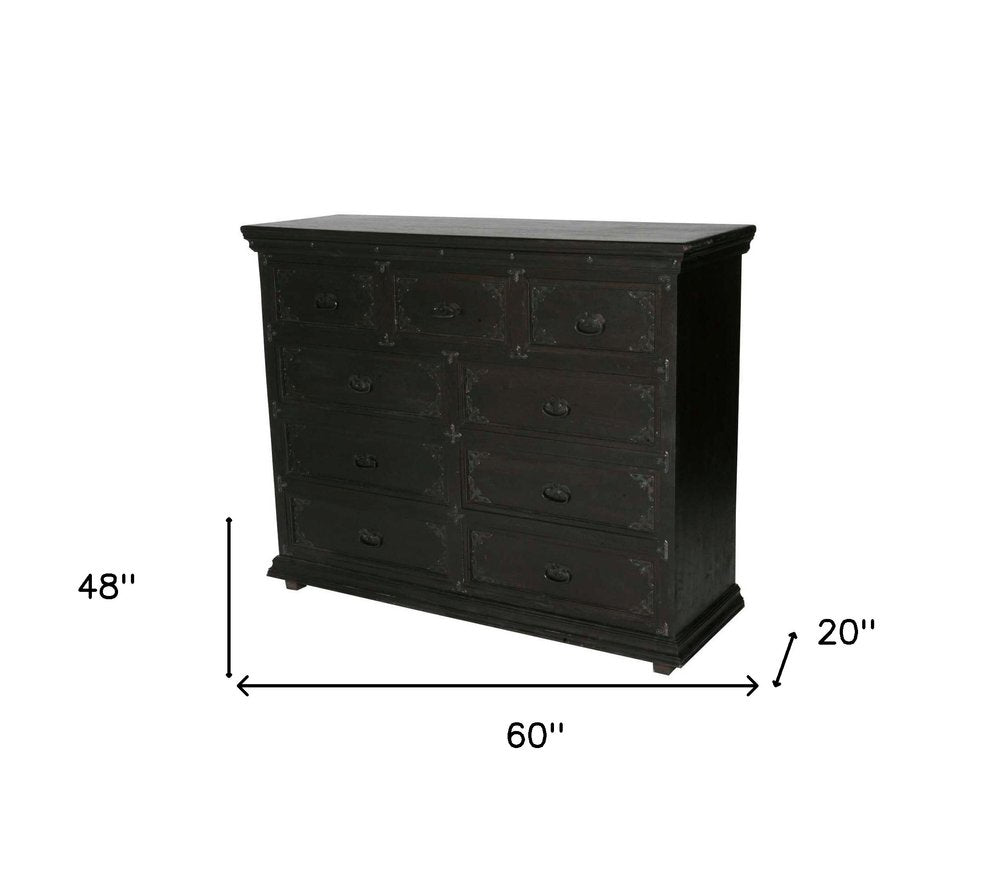 60" Dark Brown Carved Scrollwork Solid Wood Nine Drawer Double Dresser HomeRoots