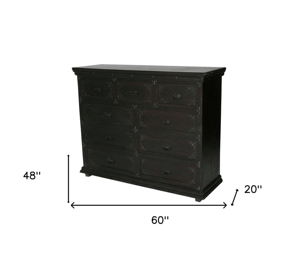 60" Dark Brown Carved Scrollwork Solid Wood Nine Drawer Double Dresser HomeRoots