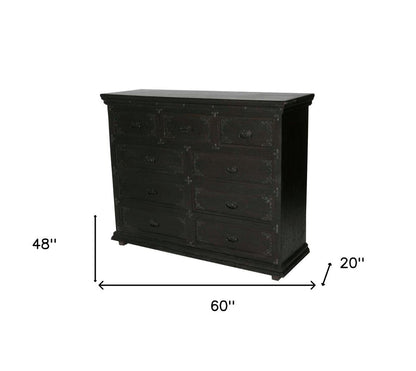 60" Dark Brown Carved Scrollwork Solid Wood Nine Drawer Double Dresser HomeRoots