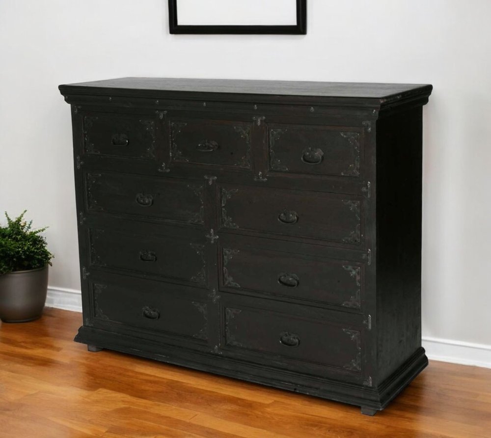 60" Dark Brown Carved Scrollwork Solid Wood Nine Drawer Double Dresser HomeRoots