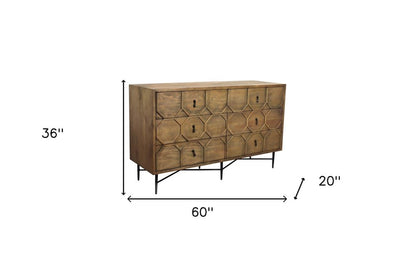 60" Natural Carved Geometric Solid Wood Six Drawer Double Dresser HomeRoots