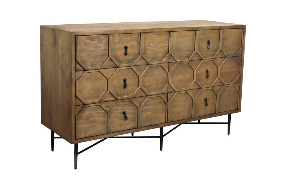 60" Natural Carved Geometric Solid Wood Six Drawer Double Dresser HomeRoots
