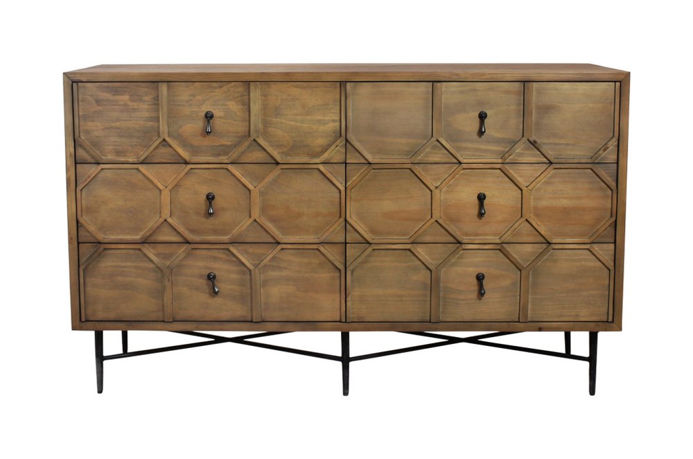 60" Natural Carved Geometric Solid Wood Six Drawer Double Dresser HomeRoots