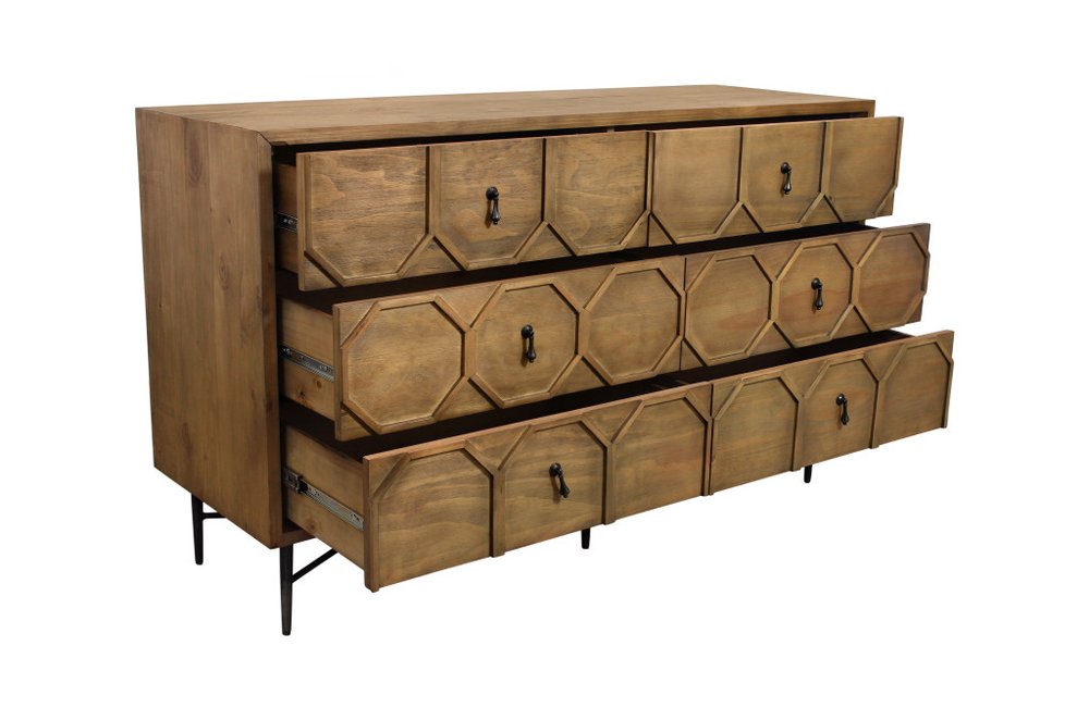 60" Natural Carved Geometric Solid Wood Six Drawer Double Dresser HomeRoots