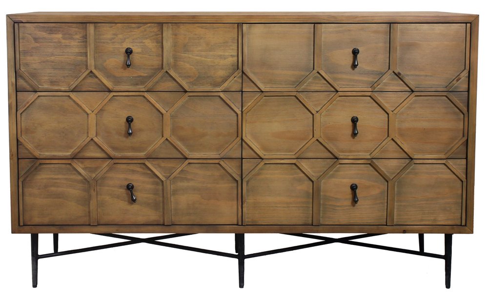 60" Natural Carved Geometric Solid Wood Six Drawer Double Dresser — view 8