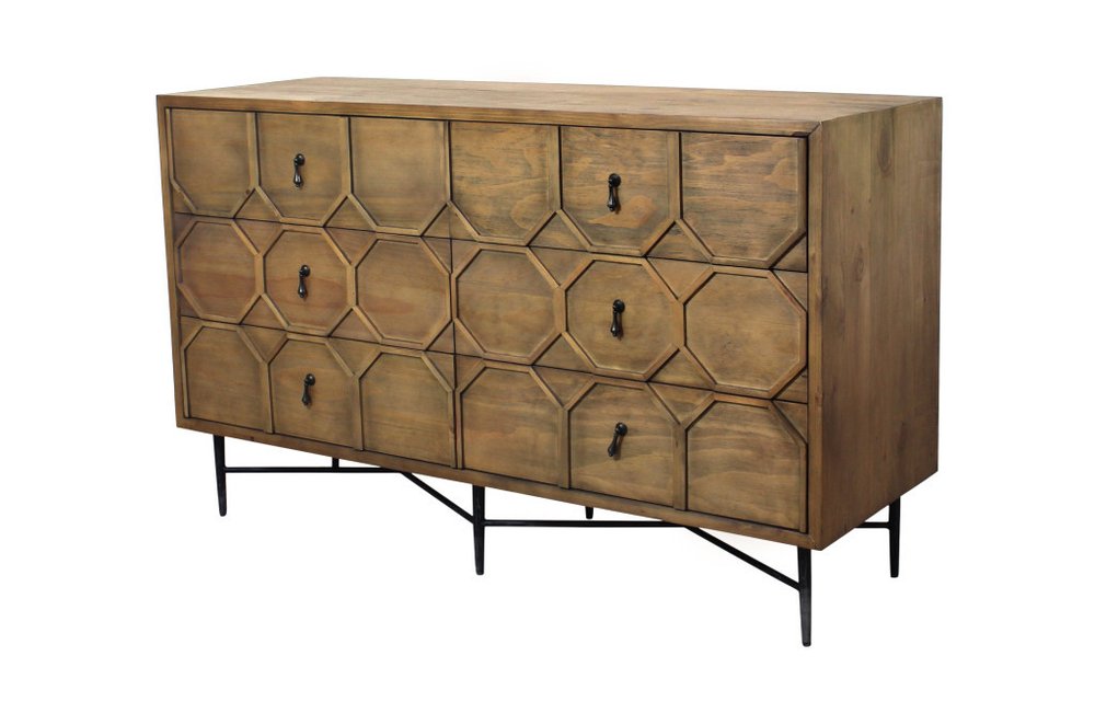 60" Natural Carved Geometric Solid Wood Six Drawer Double Dresser HomeRoots
