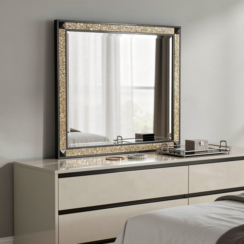36" Black And Gold Faux Crystal And Wood Dresser Mount Framed Mirror HomeRoots