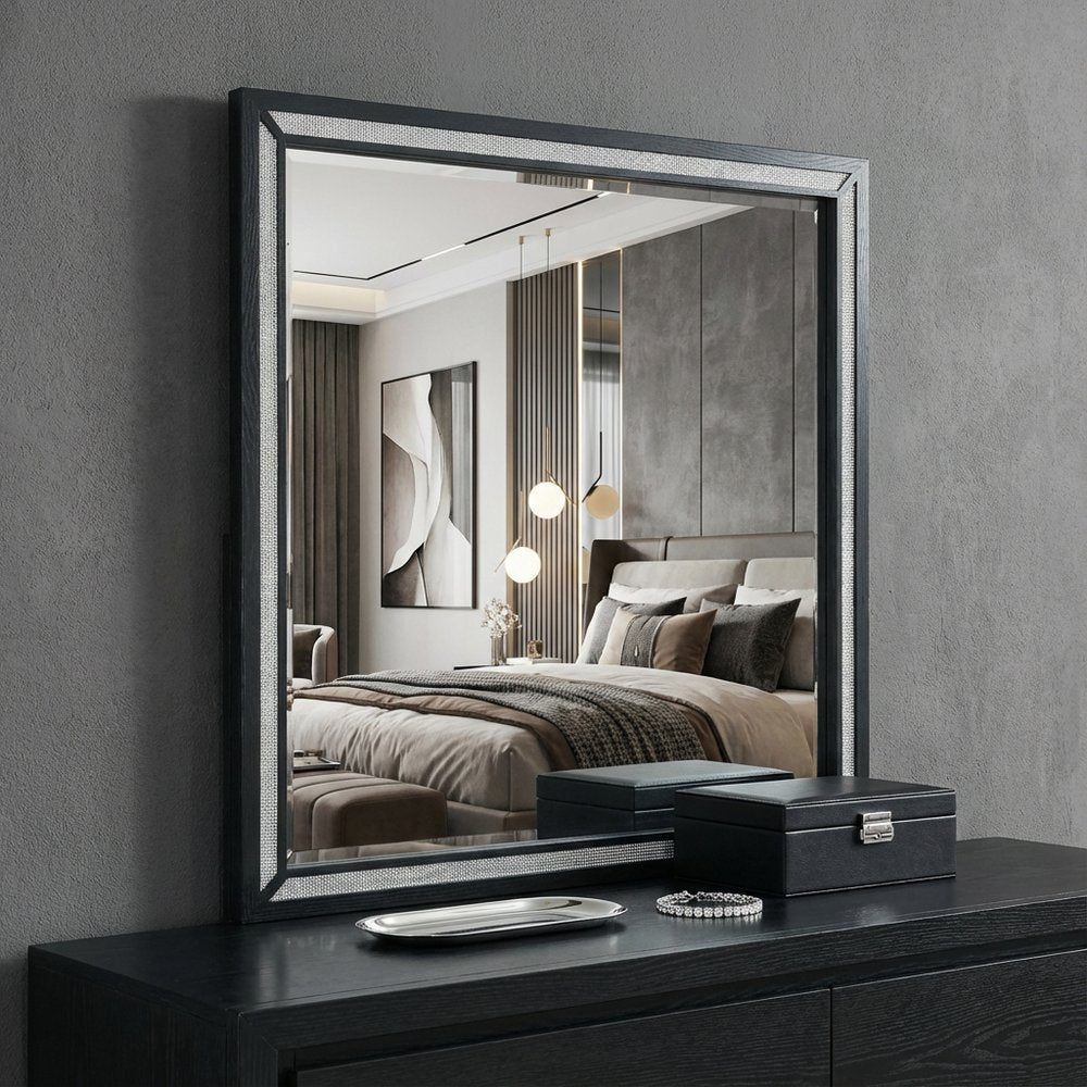37" Black Faux Crystal And Wood Dresser Mount Framed Mirror HomeRoots