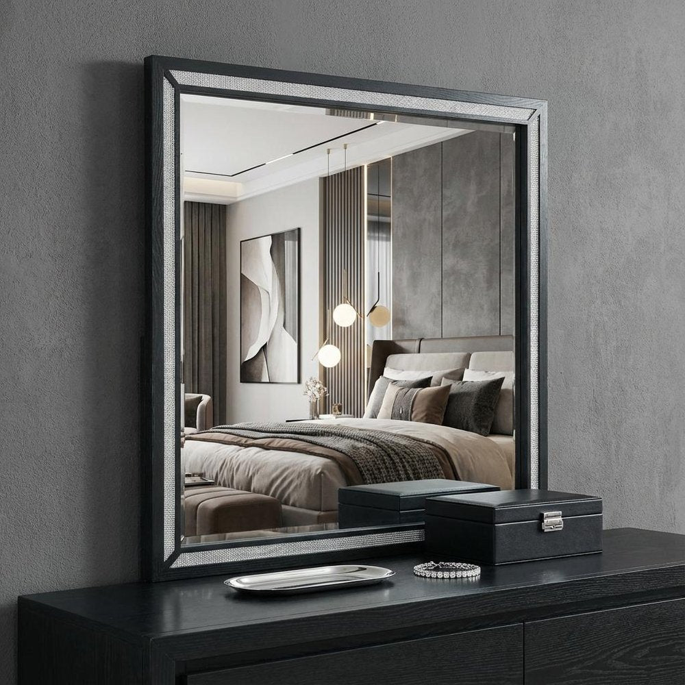 37" Black Faux Crystal And Wood Dresser Mount Framed Mirror HomeRoots