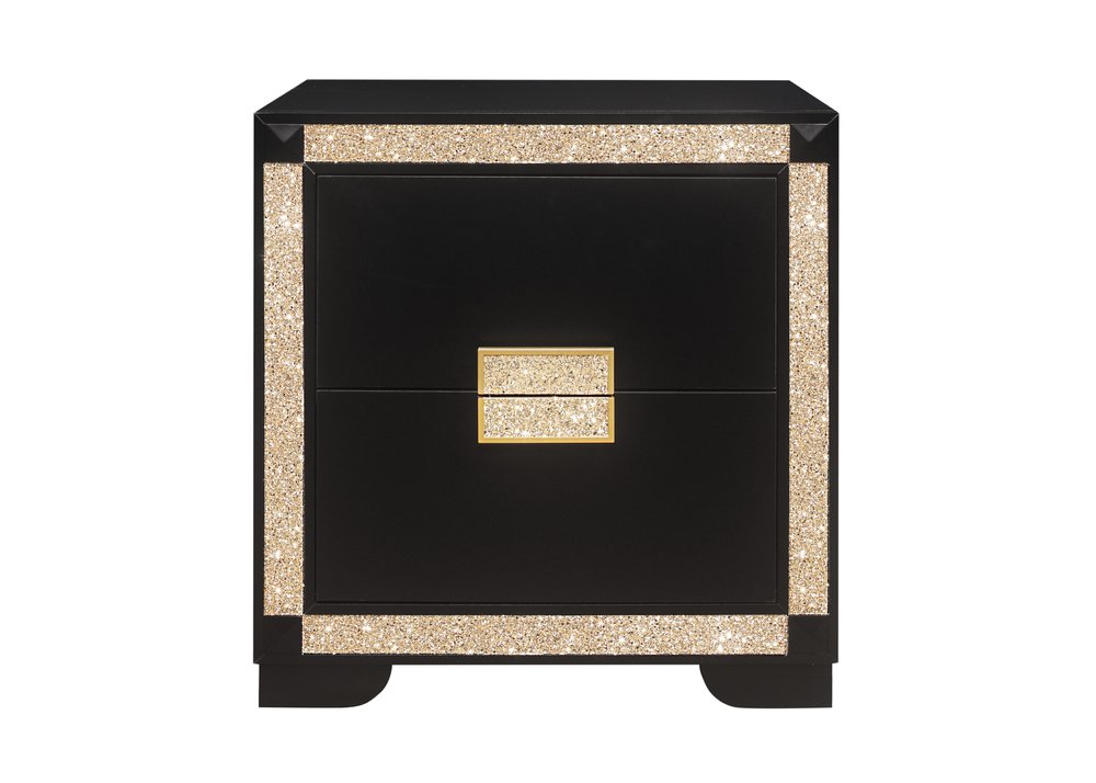 26" Black and Gold Two Drawer Faux Crystal Bling Wood Nightstand HomeRoots
