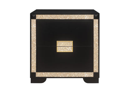 26" Black and Gold Two Drawer Faux Crystal Bling Wood Nightstand HomeRoots