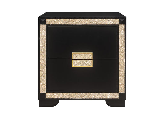 26" Black and Gold Two Drawer Faux Crystal Bling Wood Nightstand HomeRoots