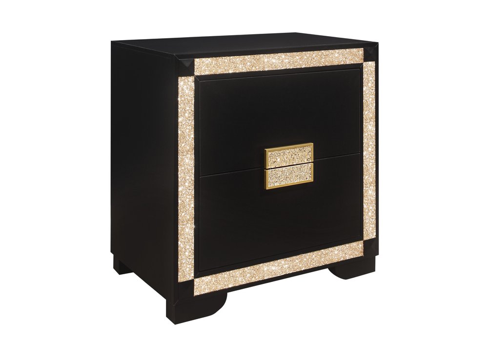 26" Black and Gold Two Drawer Faux Crystal Bling Wood Nightstand HomeRoots