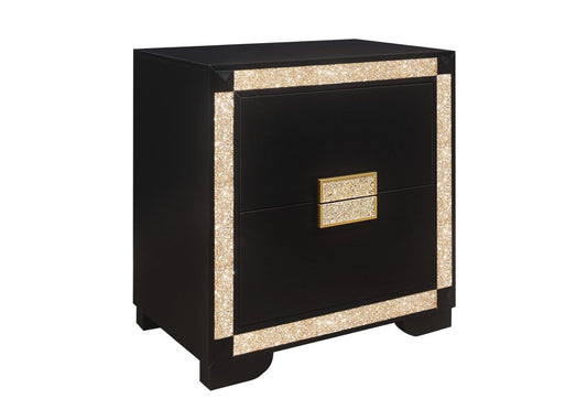 26" Black and Gold Two Drawer Faux Crystal Bling Wood Nightstand HomeRoots