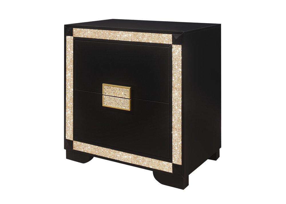 26" Black and Gold Two Drawer Faux Crystal Bling Wood Nightstand HomeRoots