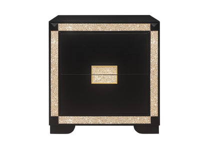 26" Black and Gold Two Drawer Faux Crystal Bling Wood Nightstand HomeRoots
