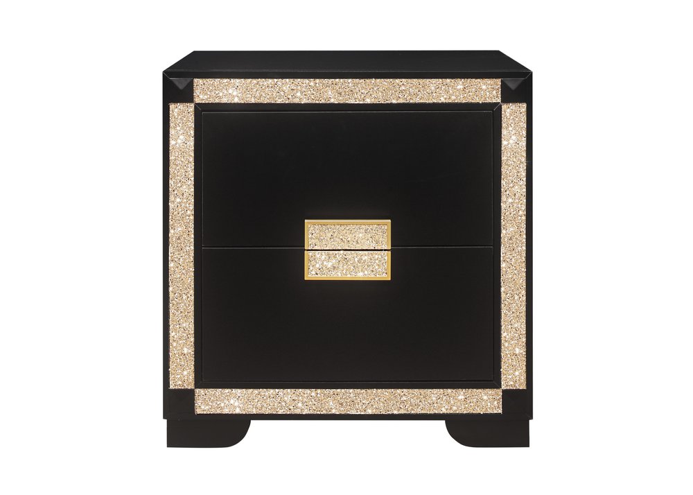 26" Black and Gold Two Drawer Faux Crystal Bling Wood Nightstand HomeRoots