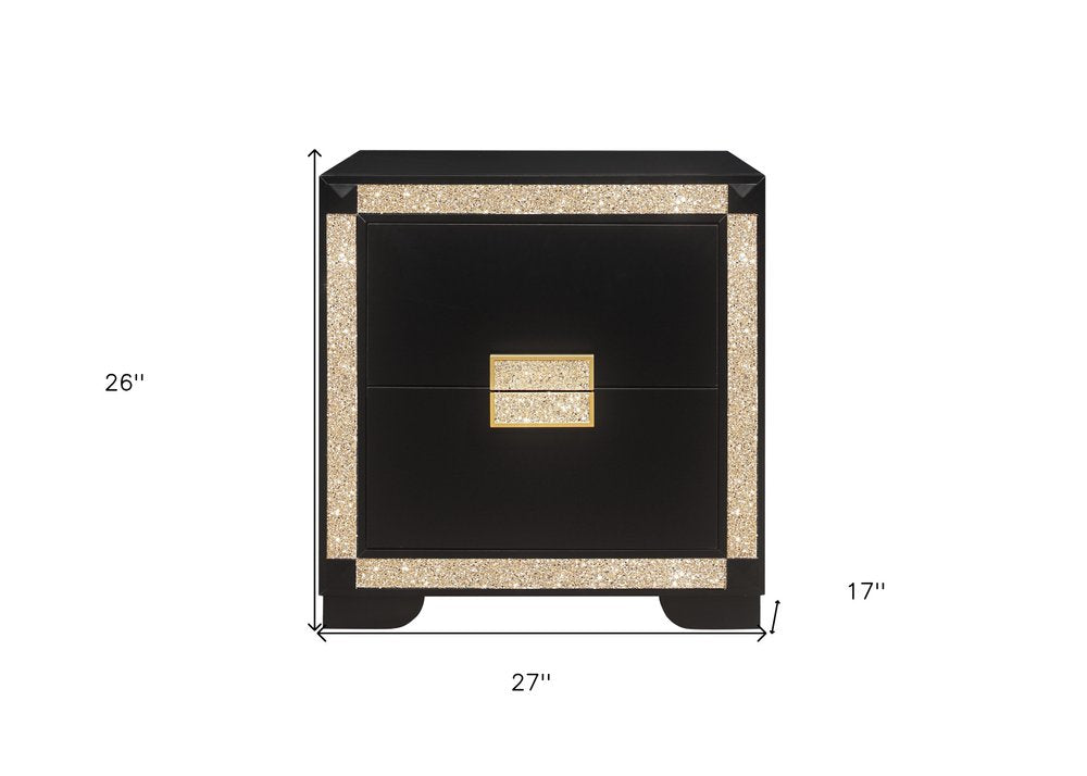 26" Black and Gold Two Drawer Faux Crystal Bling Wood Nightstand HomeRoots