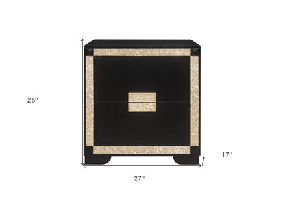 26" Black and Gold Two Drawer Faux Crystal Bling Wood Nightstand HomeRoots
